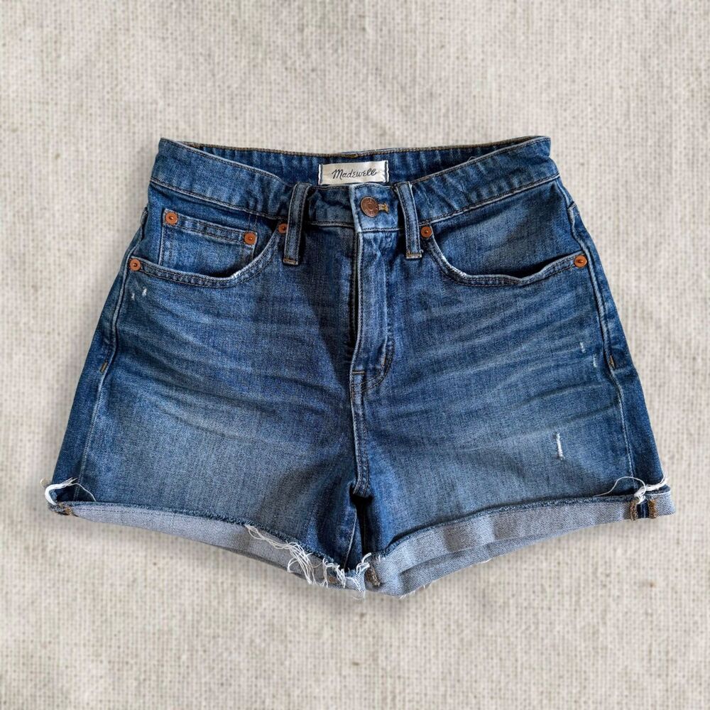 Madewell High Rise Curvy Jean Shorts Size 25 Blue Frayed Hem Five Pocket Denim